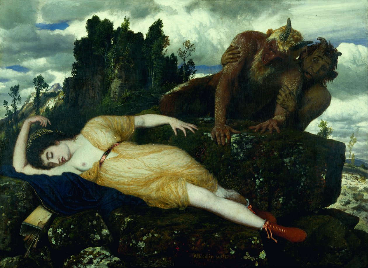 Nukkuva Diana, jota kaksi faunia katselee tekijältä Arnold Böcklin