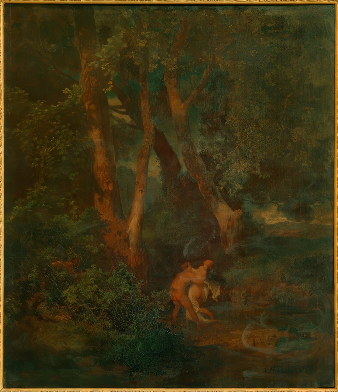 Waldrand mit Faun und Nymphe (od. Faun, eine sich sträubend tekijältä Arnold Böcklin