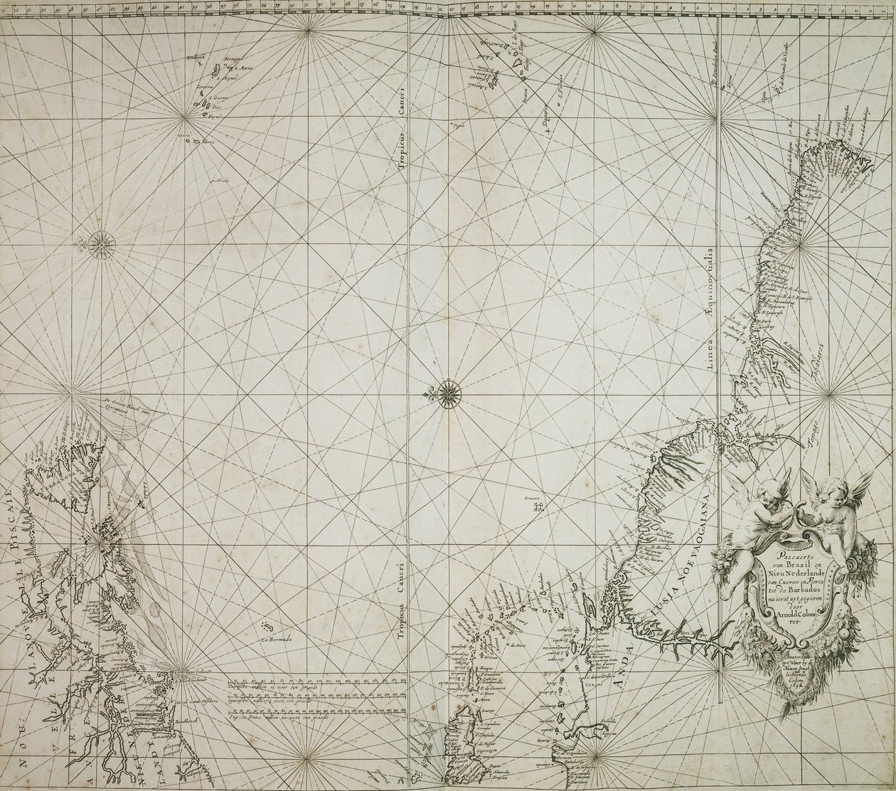 Jacob Colomin teokseen "Atlas of werelts-water-deel en des selfs zee-custen" sidottu Brasilian kartta. tekijältä Arnold Colom