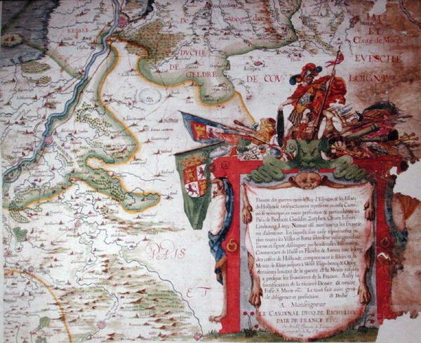 Cartouche, jossa on omistus kardinaali Richelieulle (1585-1642), ja kartta Alamaiden 30-vuotisen sodan aikaan (1618-48), Theatre des guerres entre le roy d