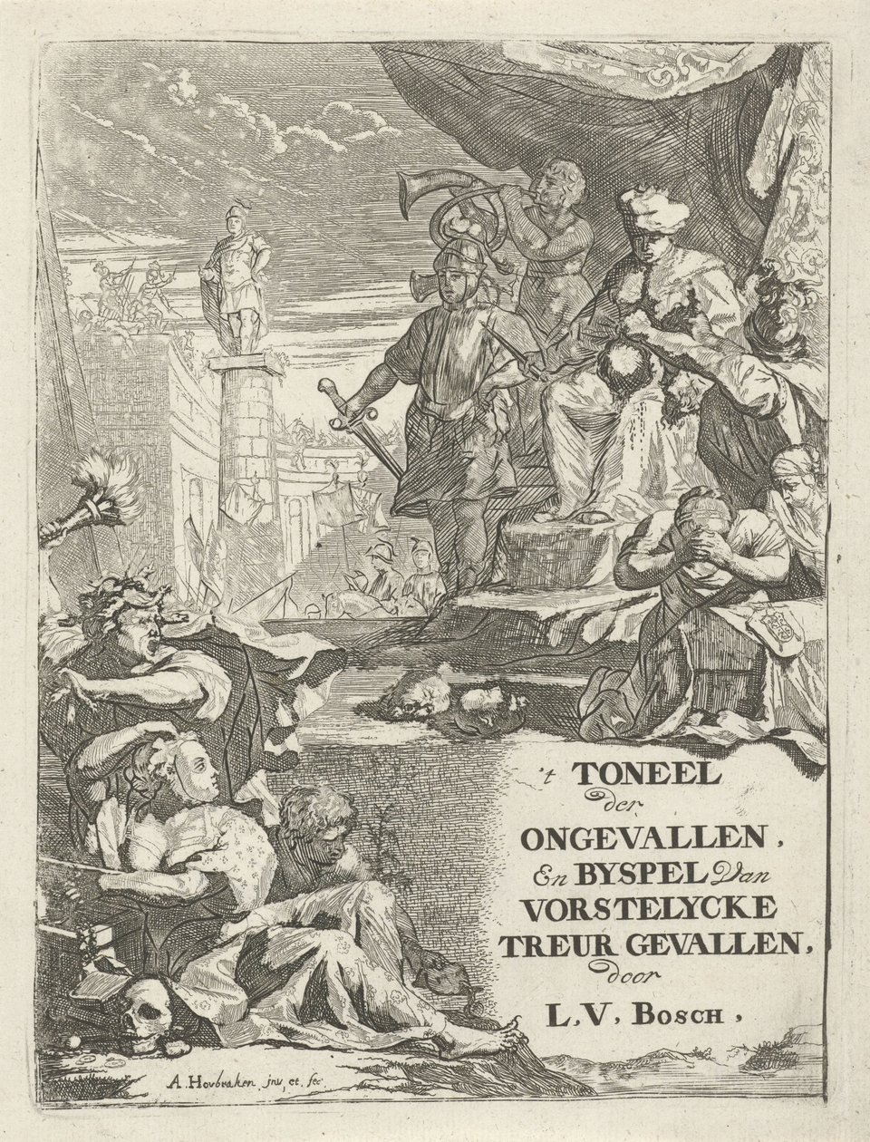 Valtaistuimella olevan hallitsijan päät katkaistu Nimisivu: L. van den Bos, The Theatre of Accidents ja sivunäytelmä vorstelycken surusta, 1699 tekijältä Arnold Houbraken