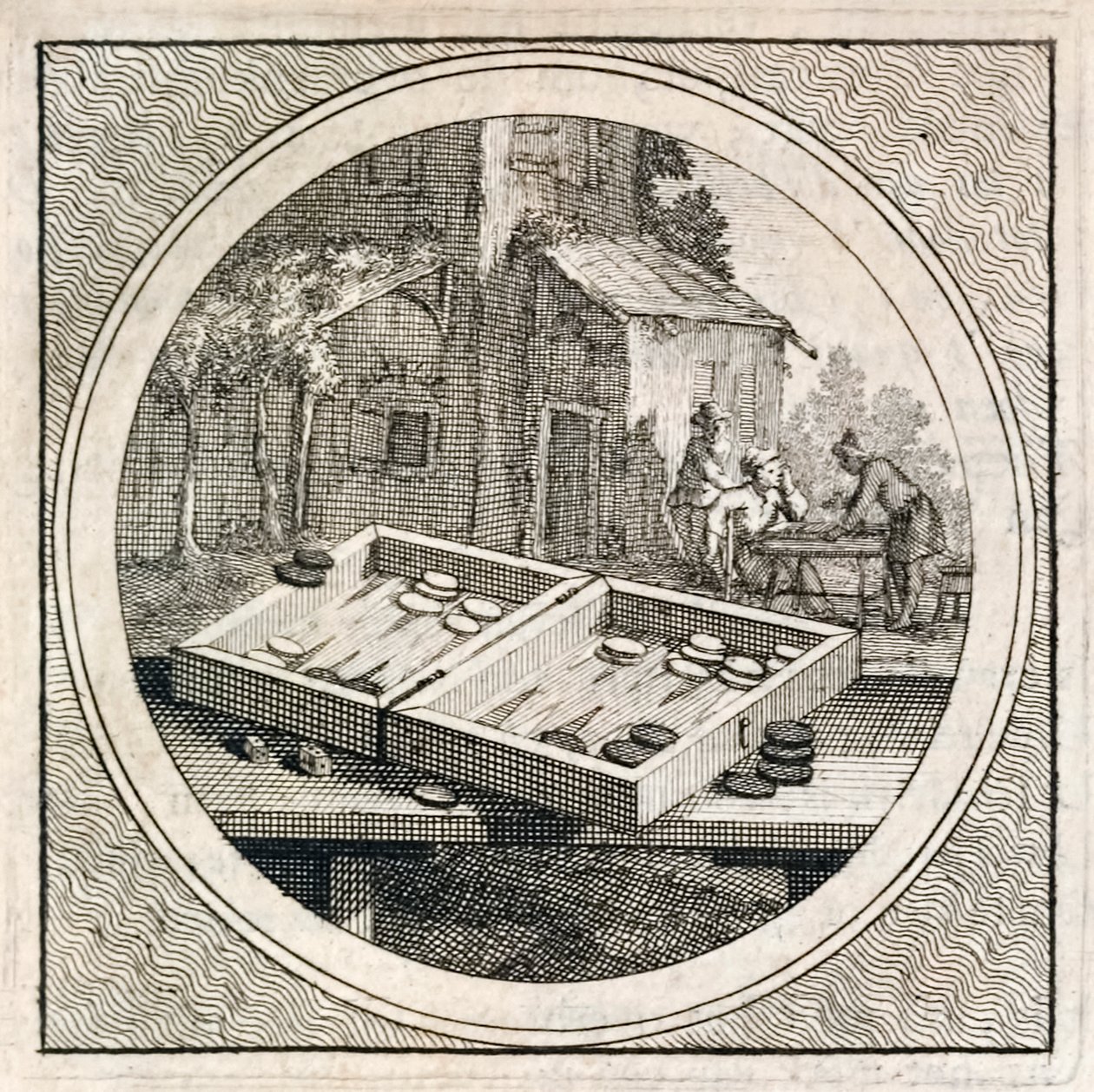 Backgammon-setti ja pelaajat Stichtelyke Zinnebeeldestä tekijältä Arnold Houbraken