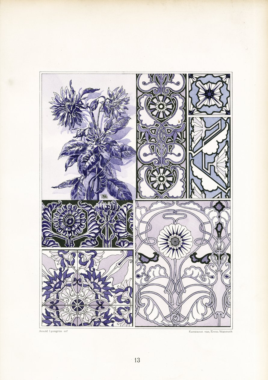 Ruiskaunokki Ornamentti Studies in Blue Tones (litografia) tekijältä Arnold Lyongrün