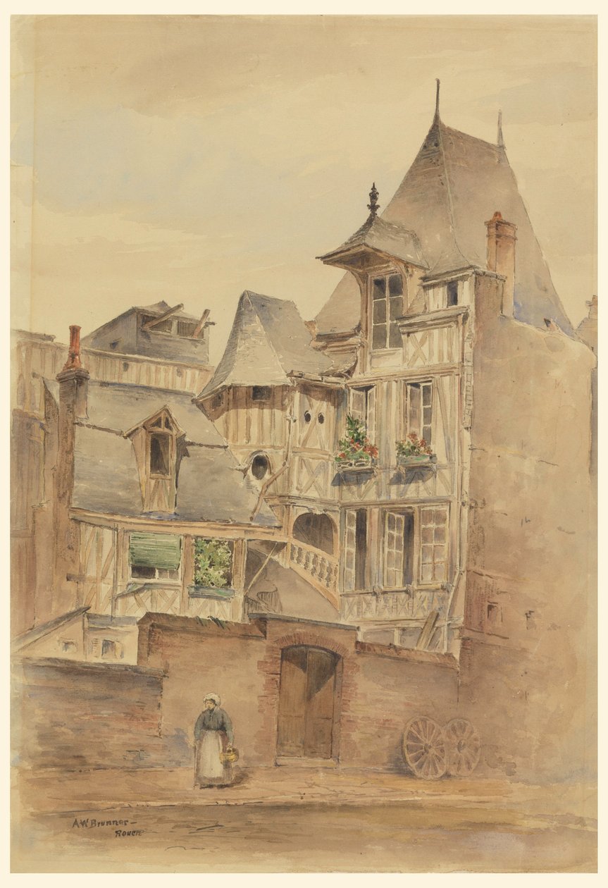 Piirros, katukohtaus keskiaikaisia taloja, n. 1885. tekijältä Arnold William Brunner