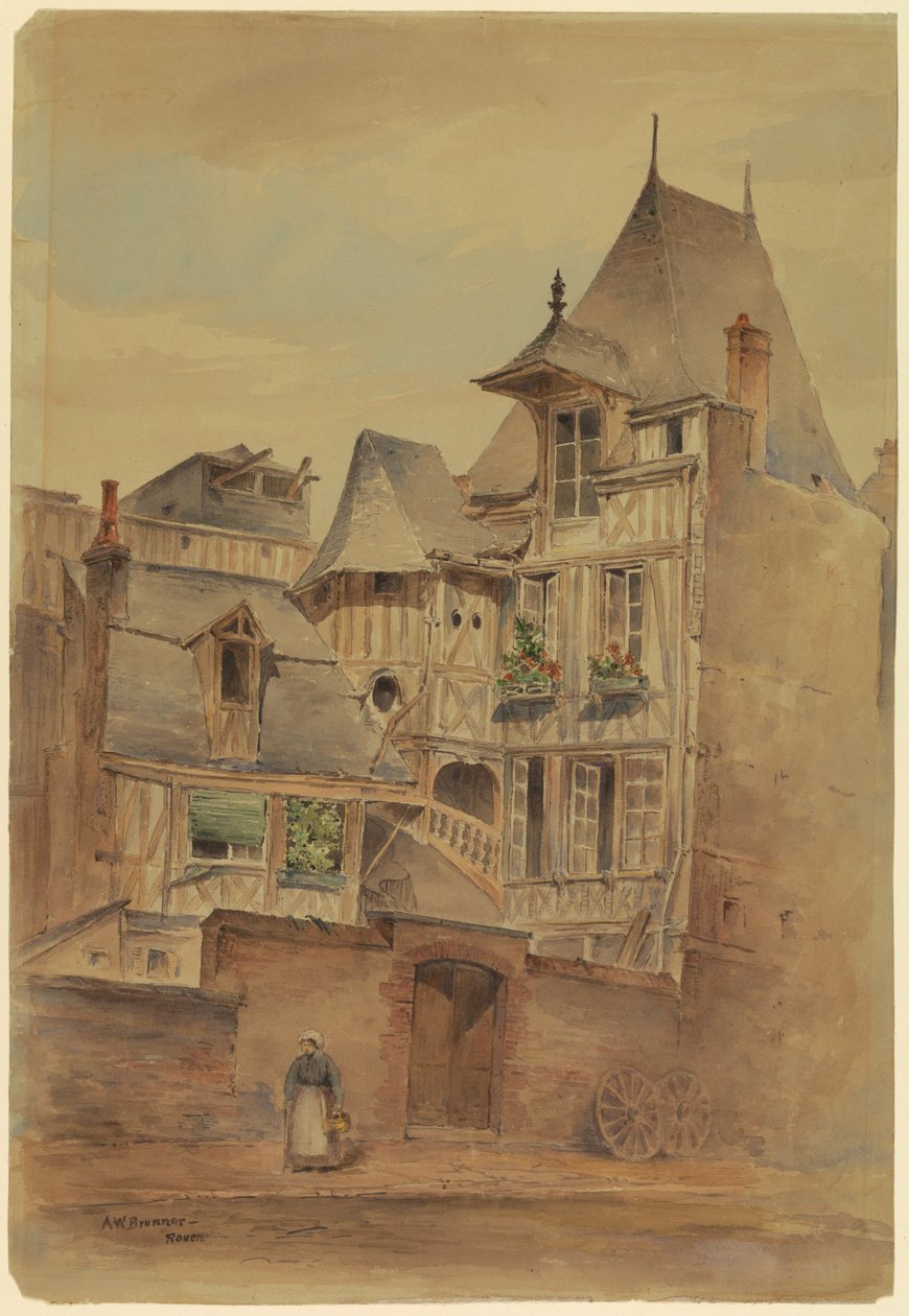 Piirros, katukohtaus keskiaikaisia taloja, n. 1885. tekijältä Arnold William Brunner