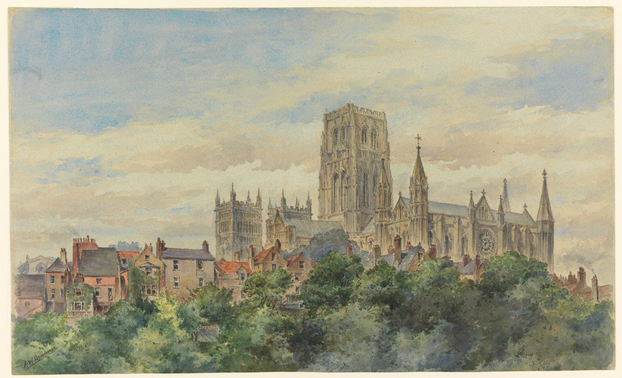 Piirros, Näkymä Durhamin katedraaliin, 1883 tekijältä Arnold William Brunner