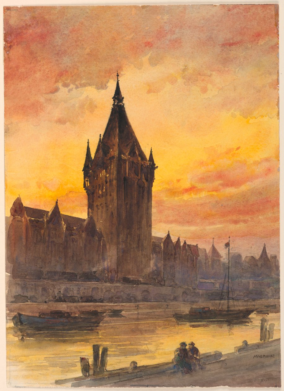 Auringonlasku tornin ja joen yllä tekijältä Arnold William Brunner