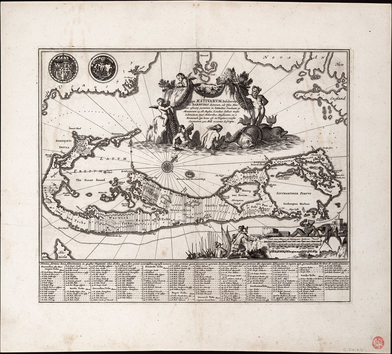 Mappa Aestivarum Insularum, alias Barmudas dictarum. Yksi arkki, kaiverrus. tekijältä Arnoldus Montanus