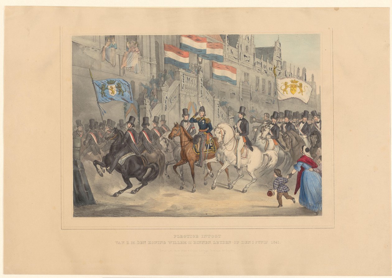 Kuningas Vilhelm II:n saapuminen Leideniin, 1841 Hänen Majesteettinsa kuningas Willem II:n juhlallinen intogt Leydenissä 1. kesäkuuta 1841 (otsikko esineessä) tekijältä Arnz and Co.