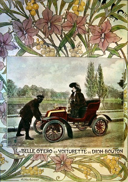La Belle Otero De Dion-Bouton -auton ratissa, n. 1900 tekijältä Arsene Herbinier
