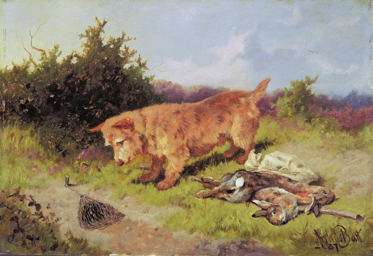 Terrier Watching a Rabbit Trap, 1887 (öljy myllylaudalle) tekijältä Arthur Batt