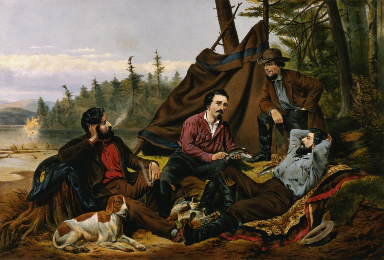 Camping in the Woods, "Laying Off", kaiverrus ja julkaisija Currier ja Ives, New York, 1863 tekijältä Arthur Fitzwilliam Tait