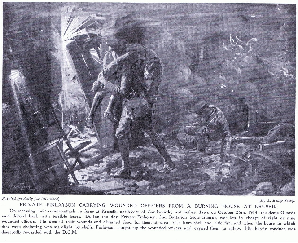 Private Finlayson voitti DCM:n haavoittuneiden upseerien kuljettamisesta palavasta talosta Kruseikissa lokakuussa 1914 (mustavalkoinen kuva) tekijältä Arthur Kemp Tebby