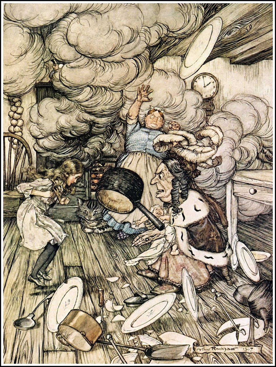 Alices Adventures in Wonderland - Epätavallisen suuri kattila lensi lähellä sitä ja melkein vei sen pois tekijältä Arthur Rackham