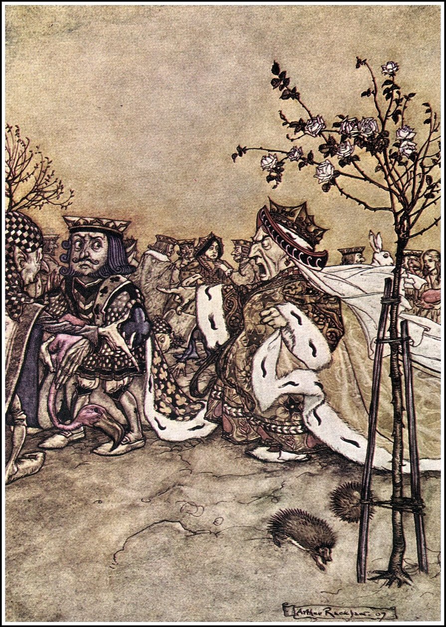 Alices Adventures in Wonderland - Kuningatar ei lopettanut riitaa muiden pelaajien kanssa ja huusi: Pää pois! tai: Pää pois päältä! n tekijältä Arthur Rackham