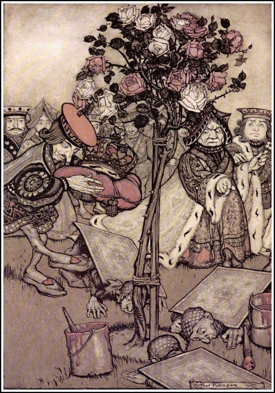 Alices Adventures in Wonderland - Kuningatar kääntyi vihaisesti pois hänestä ja sanoi Knave: Käännä heidät ympäri. N tekijältä Arthur Rackham