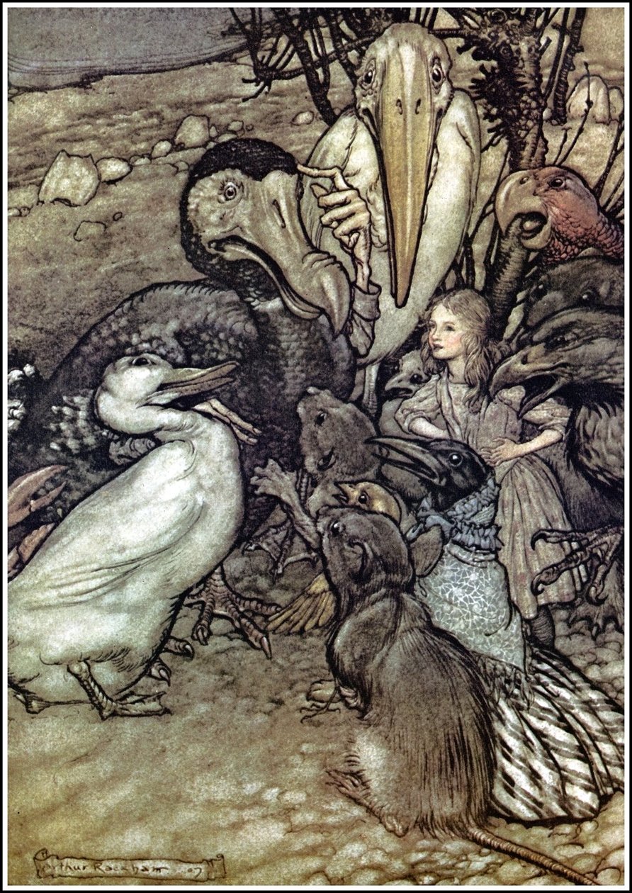 Alices Adventures in Wonderland - He alkoivat tungosta sen ympärillä huohottaen ja kysyivät: Mutta kuka on voittanut? N tekijältä Arthur Rackham