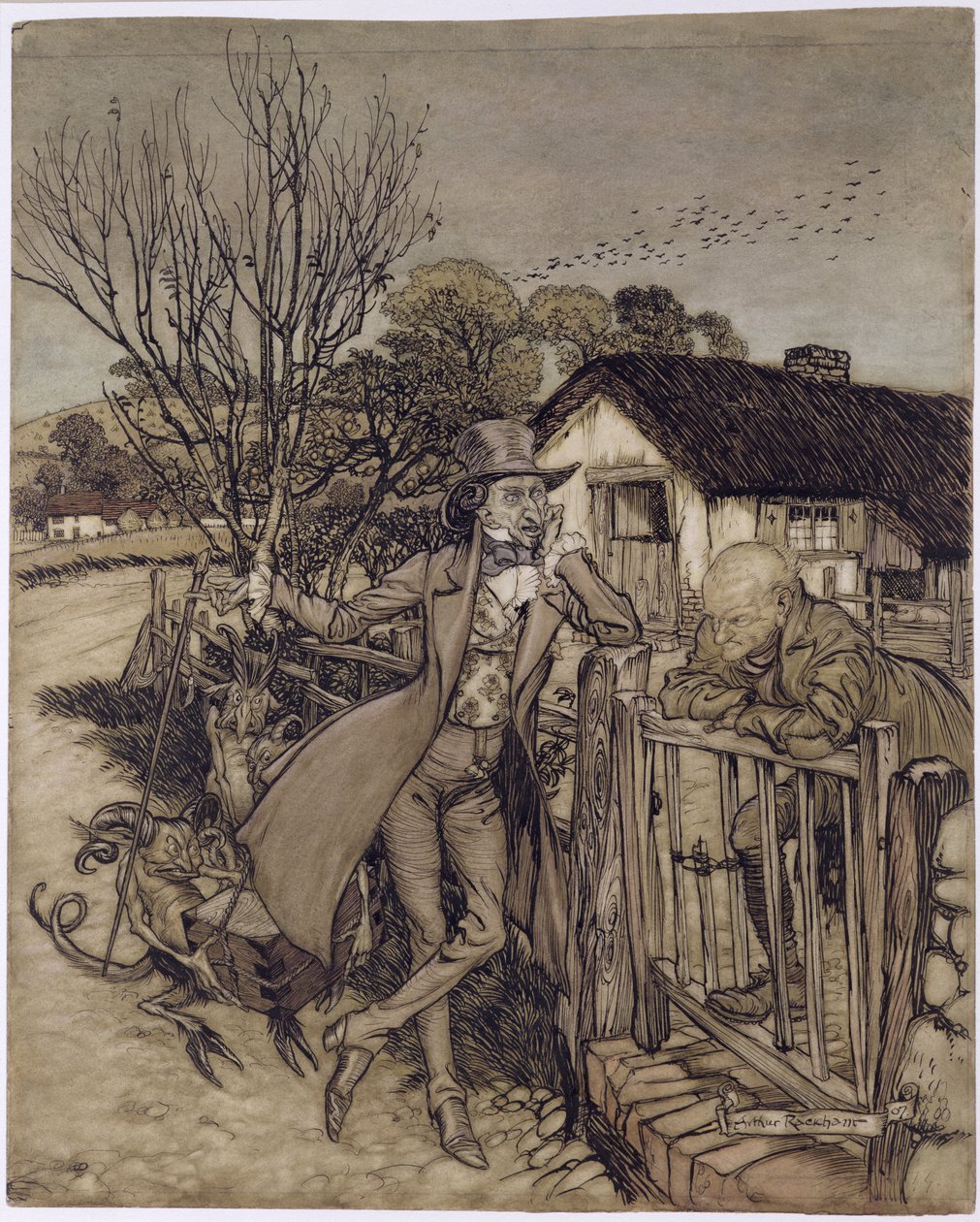 A Bargain With the Devil, 1907 (wc, kynä ja muste paperille) tekijältä Arthur Rackham