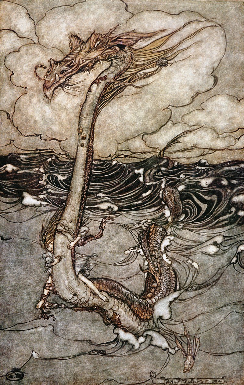Isang Batang Babae na Nakasakay sa Serpent ng Dagat, 1904 finn tekijältä Arthur Rackham