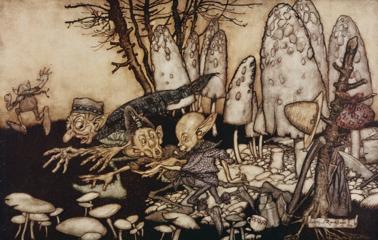 Joukko työmiehiä, jotka sahasivat myrkkysientä, ryntäsivät pois jättäen työkalunsa taakseen J. M. Barrien teoksesta "Peter Pan in Kensington Gardens", 1906. tekijältä Arthur Rackham