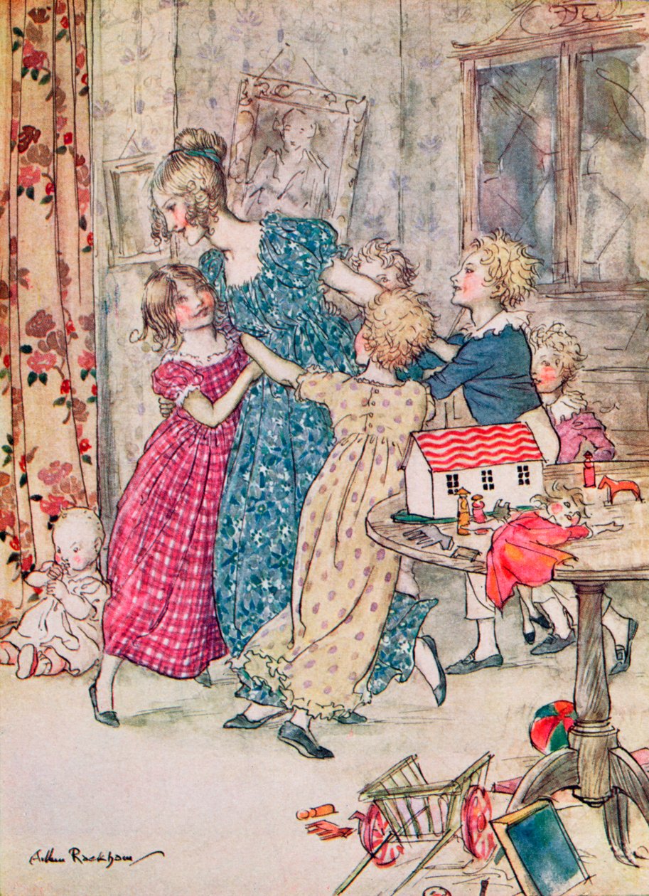 "Puhettu ja riehuva ryhmä", kirjakuvitus tekijältä Arthur Rackham
