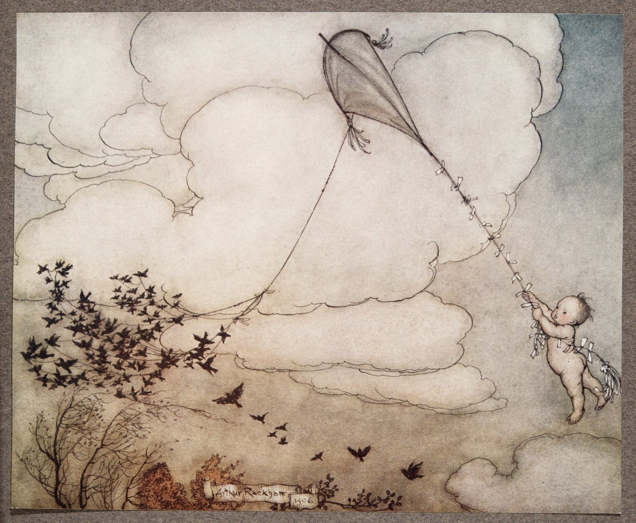 Sata lensi narun mukana, ja Peter tarrasi häntään, J. M. Barrien (1860-1937) Peter Pan in Kensington Gardens, pub. 1906 tekijältä Arthur Rackham