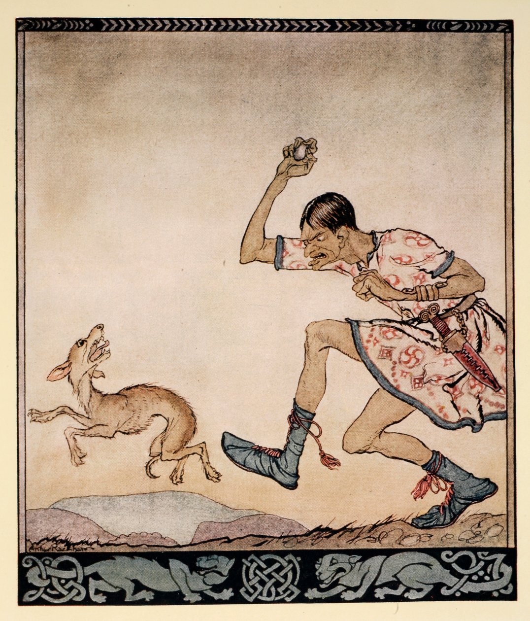 Mies, joka ei pitänyt koirista, kuvitus James Stephensin Irlannin saduista, 1920 tekijältä Arthur Rackham
