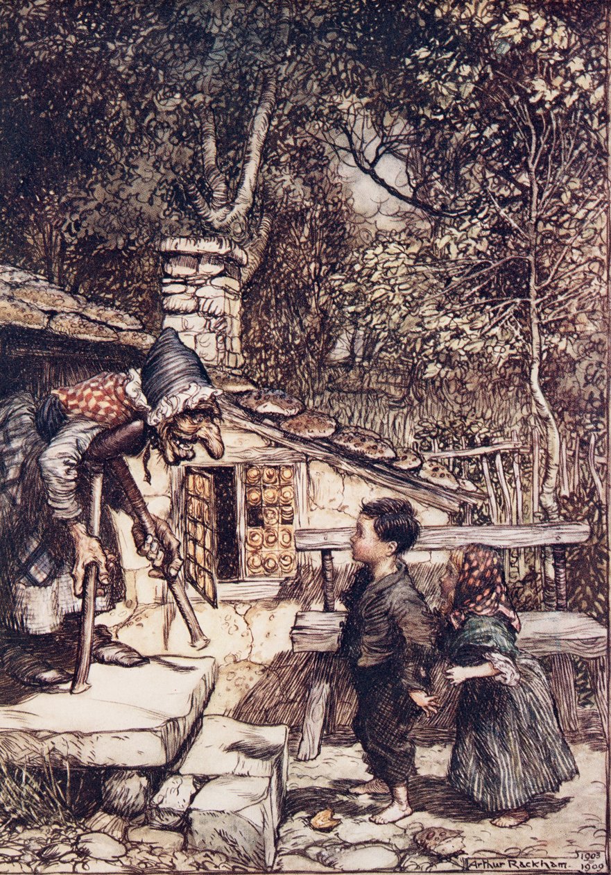Yhtäkkiä ovi avautui ja vanha, vanha nainen, joka tukeutui kainalosauvaan, tuli ulos ?, Grimmin veljesten saduista, pub. 1909 tekijältä Arthur Rackham