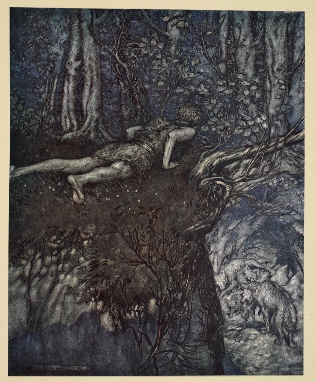 "Ja siellä opin, millaista rakkaus on", kuva "Siegfried ja jumalien hämärä", 1924 tekijältä Arthur Rackham
