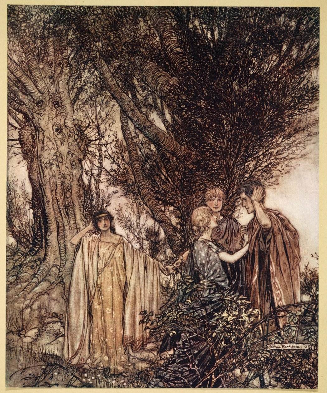 ..Oletko varma, että olemme hereillä Minusta näyttää siltä, että silti me nukumme, näemme unta, kuvitus William Shakespearen Kesäyön unelmasta, 1908 tekijältä Arthur Rackham