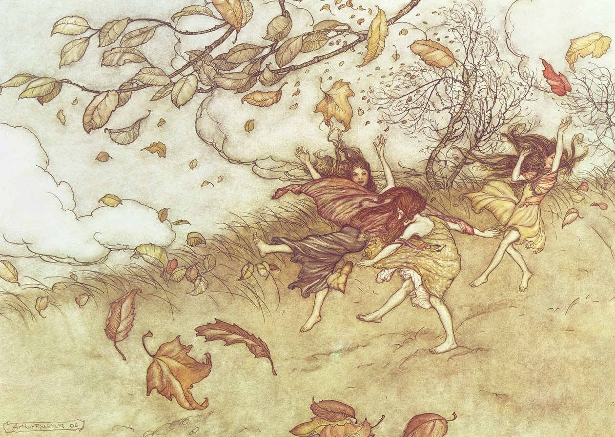 Autumn Fairies J.M. Barrien elokuvasta "Peter Pan Kensington Gardensissa", 1906 tekijältä Arthur Rackham