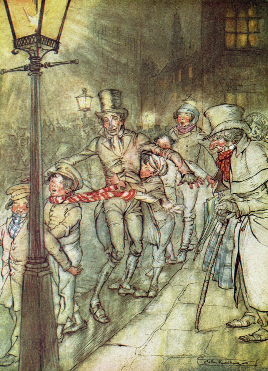 Bob Cratchit laskeutui liukumäkeä alas Cornhillillä, elokuvasta 