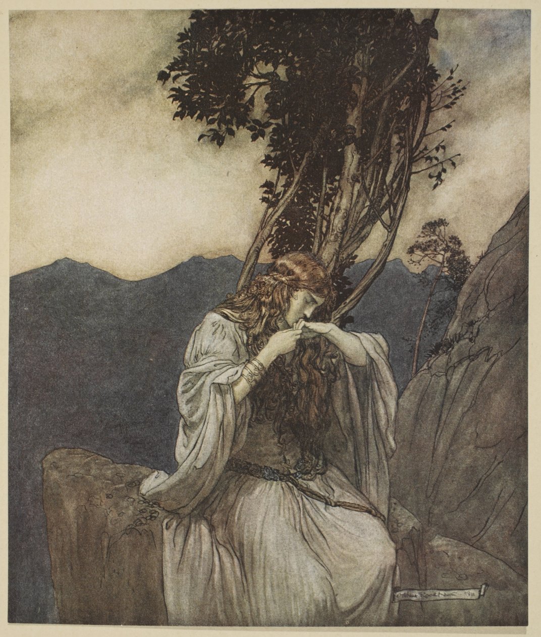 Brunnhilde suutelee sormusta, jonka Siegfried on jättänyt hänelle, kuva "Siegfried ja jumalien hämärä", 1924 tekijältä Arthur Rackham