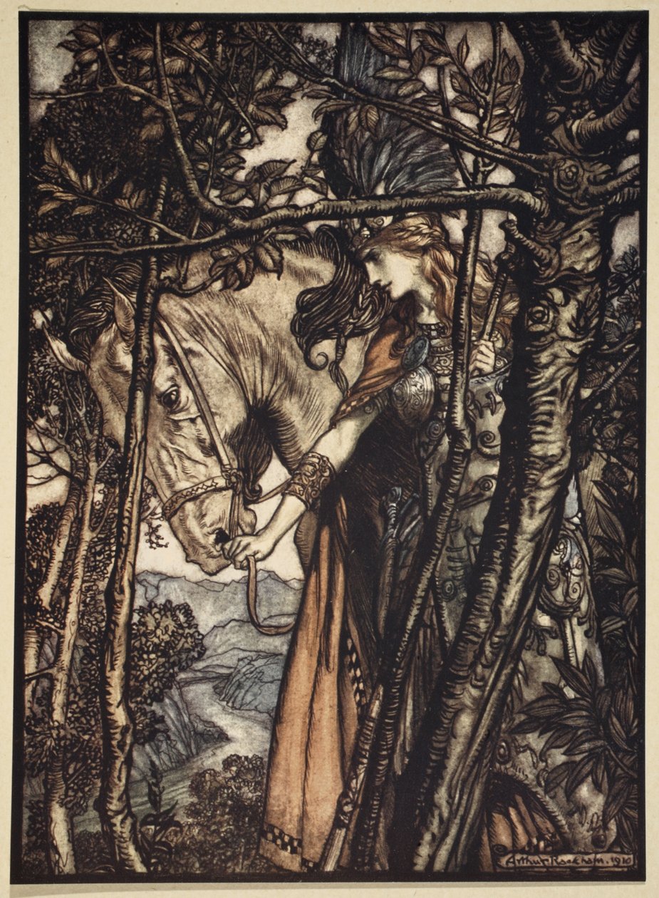 Brunnhilde johdattaa hevosensa hitaasti ja äänettömästi polkua luolaan, kuvitus teoksesta "The Rhinegold and the Valkyrie", 1910 tekijältä Arthur Rackham