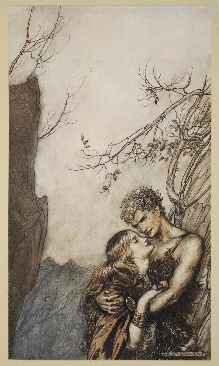 Brunnhilde heittäytyy Siegfriedin syliin, kuva elokuvasta "Siegfried and the Twilight of the Gods", 1924 tekijältä Arthur Rackham