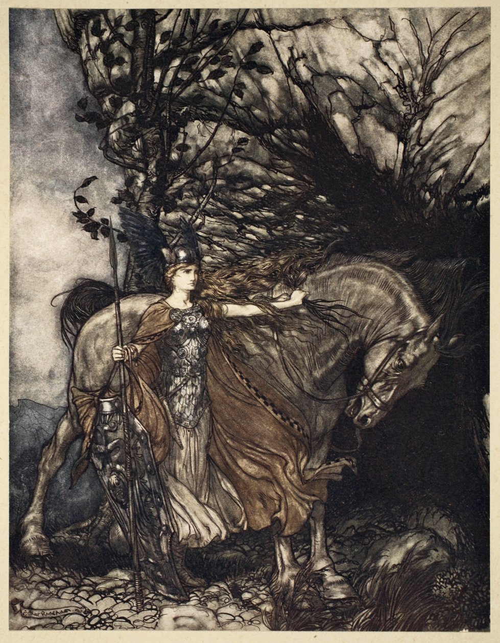 Brunnhilde hevosensa kanssa luolan suulla, kuvitus teoksesta The Rhinegold and the Valkyrie, 1910 tekijältä Arthur Rackham