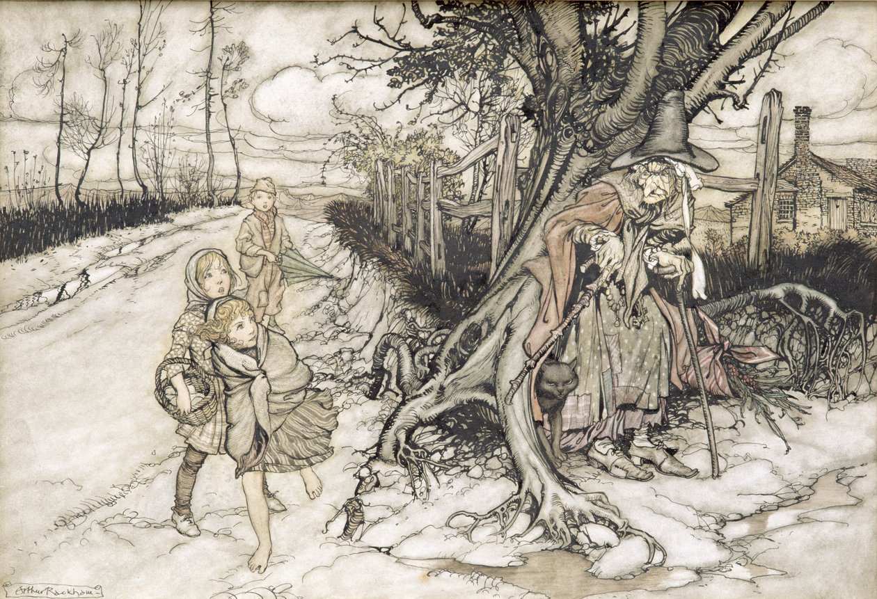 Lapset hätkähdyttivät noidan (wc, kynä ja muste paperille) tekijältä Arthur Rackham