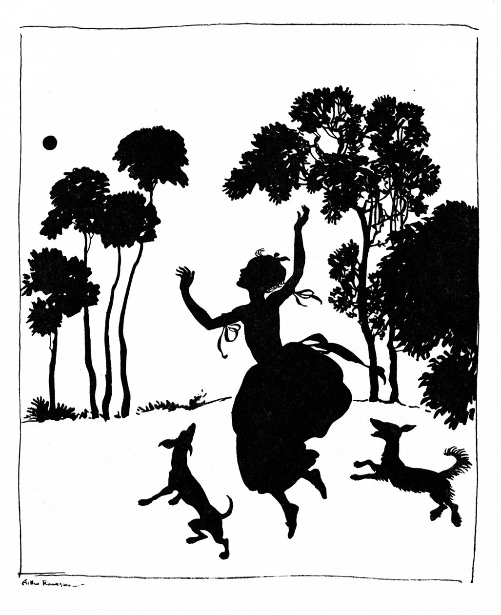 Tuhkimo leikkii koiriensa kanssa, 1919 tekijältä Arthur Rackham