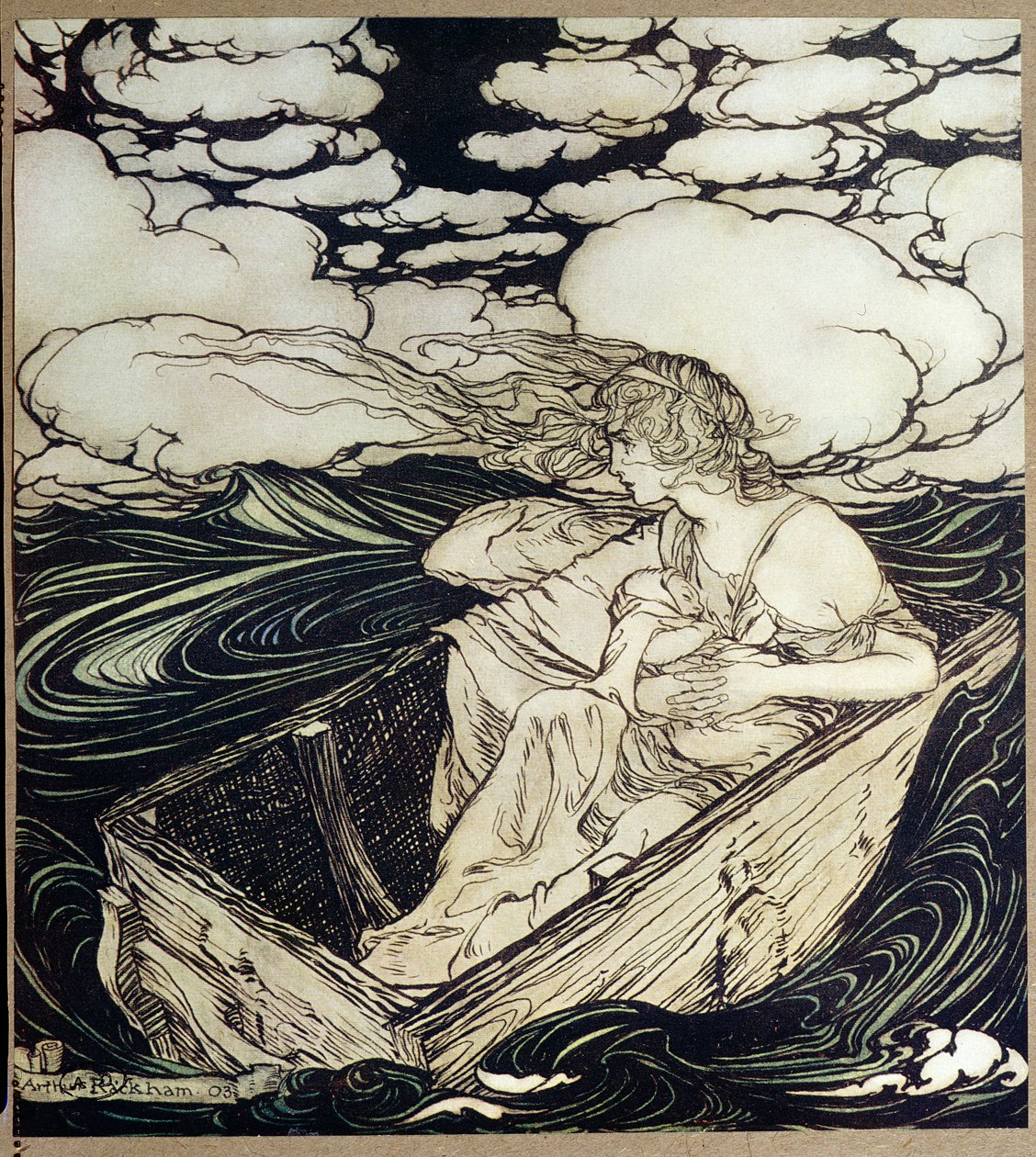 Danae ja hänen poikansa Perseus, 1903 tekijältä Arthur Rackham