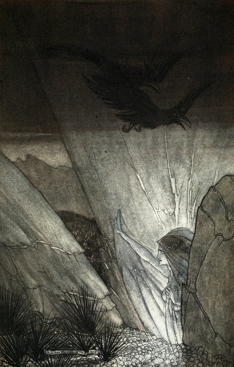 "Erda käskee sinua varoa", kuvitus teoksesta "The Rhinegold and the Valkyrie", 1910 tekijältä Arthur Rackham