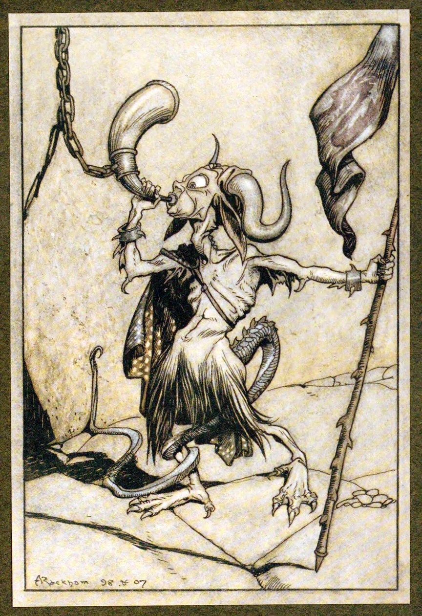 Ere Barbican Towerin portin torveen puhallettiin kovalla kahdenkymmenen trumpetin voimalla, The Ingoldsby Legends -pubista. 1907 tekijältä Arthur Rackham