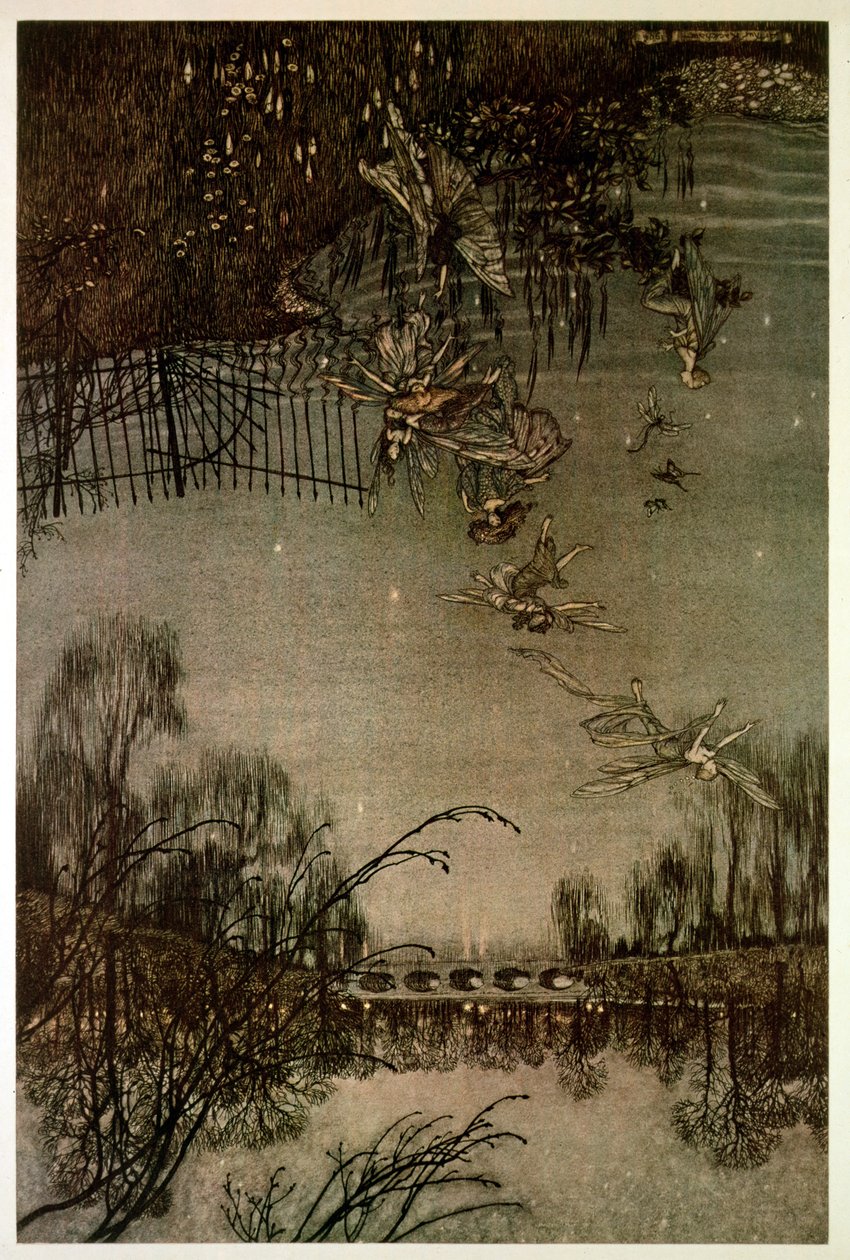 Keijut Kensington Gardensissa J. M. Barrien teoksesta "Peter Pan Kensington Gardensissa", 1906 tekijältä Arthur Rackham