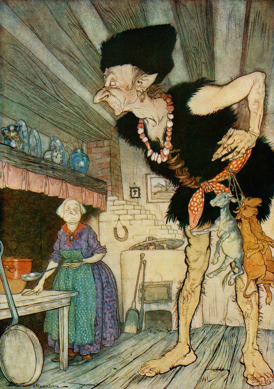 Fee fi fo fum Haistan englantilaisen veren, kuvitus Jack and the Beanstalkista F.A. Steelin Englannin saduista, 1927 tekijältä Arthur Rackham