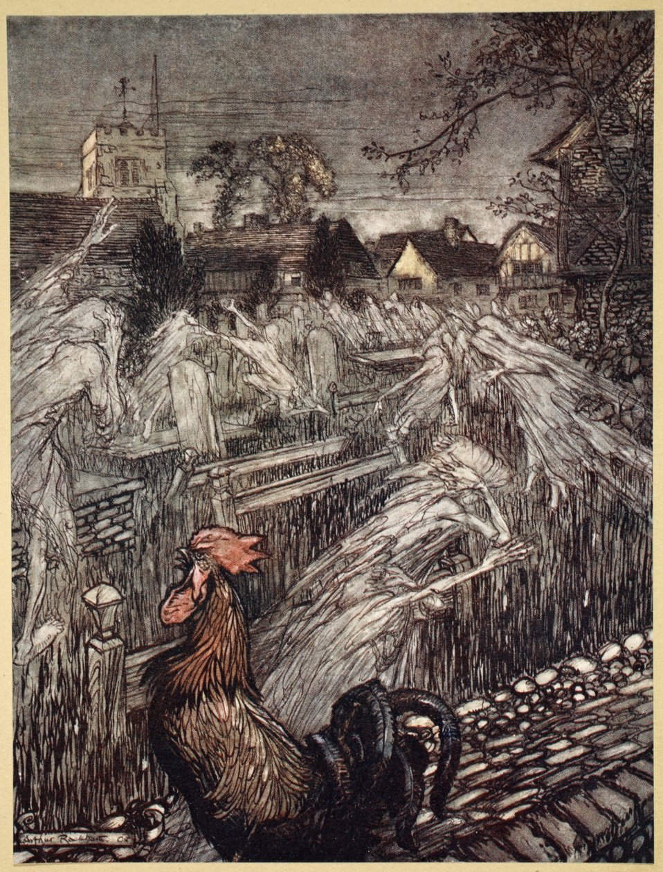 ..Aaveet, jotka vaeltavat siellä täällä, kulkevat kotiin kirkkomaille, kuvitus William Shakespearen "Juhannusyön unelmasta", 1908. tekijältä Arthur Rackham