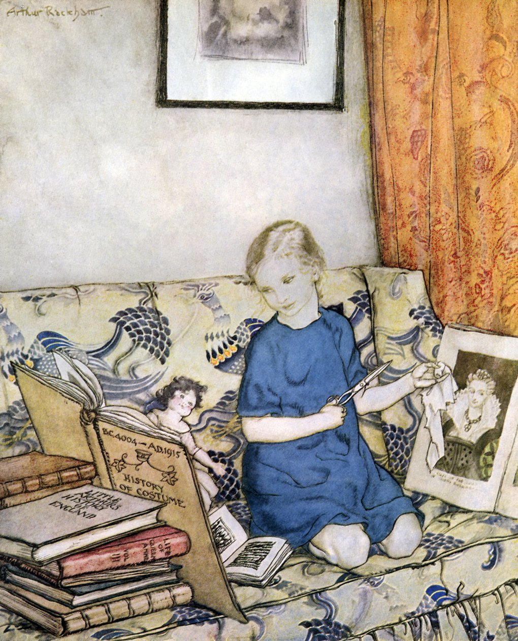 Tyttö tekemässä pukua tekijältä Arthur Rackham