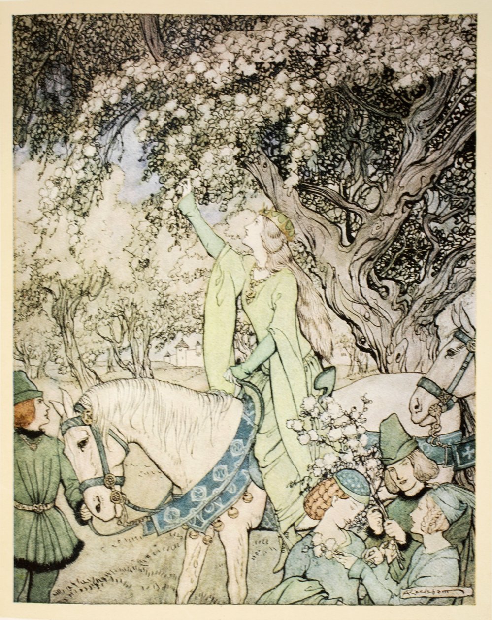 How Queen Guenever rode a-maying into the woods and fields beside Westminster, kuvitus Alfred W. Pollardin teoksesta "The romance of King Arthur and his knights of the Round Table", 1910 (väriliite). tekijältä Arthur Rackham