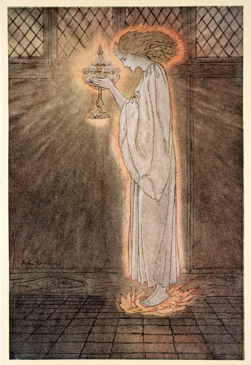 Miten Corbinin linnassa neito paljasti Sangrealissa ja ennusti Galahadin saavutuksia Alfred Pollardin teoksesta "Kuningas Arthurin ja hänen pyöreän pöydän ritariensa romanssi", versio tekijältä Arthur Rackham