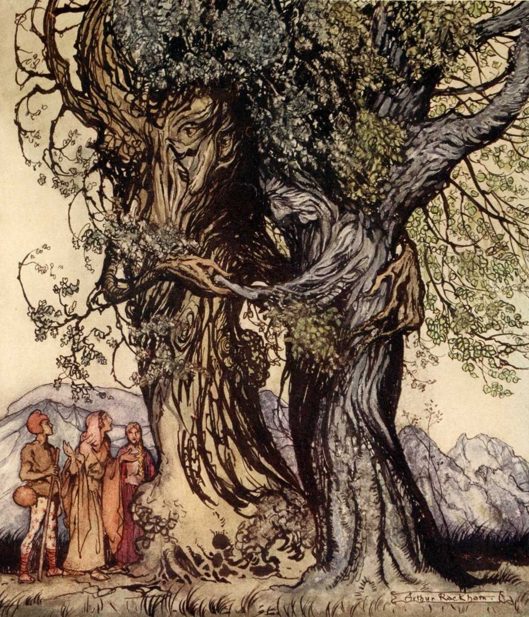 Olen vanha Philemon! mutisi tammi, kuvitus Nathaniel Hawthornen "Ihmekirjasta tytöille ja pojille", 1928 tekijältä Arthur Rackham