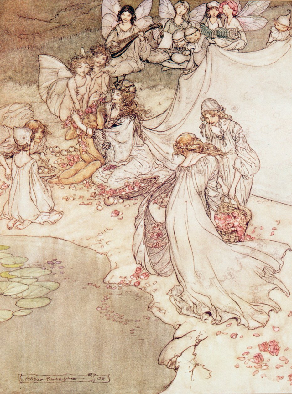 Kuvitus sadulle, keijukuningatar peittää lapsen kukalla tekijältä Arthur Rackham