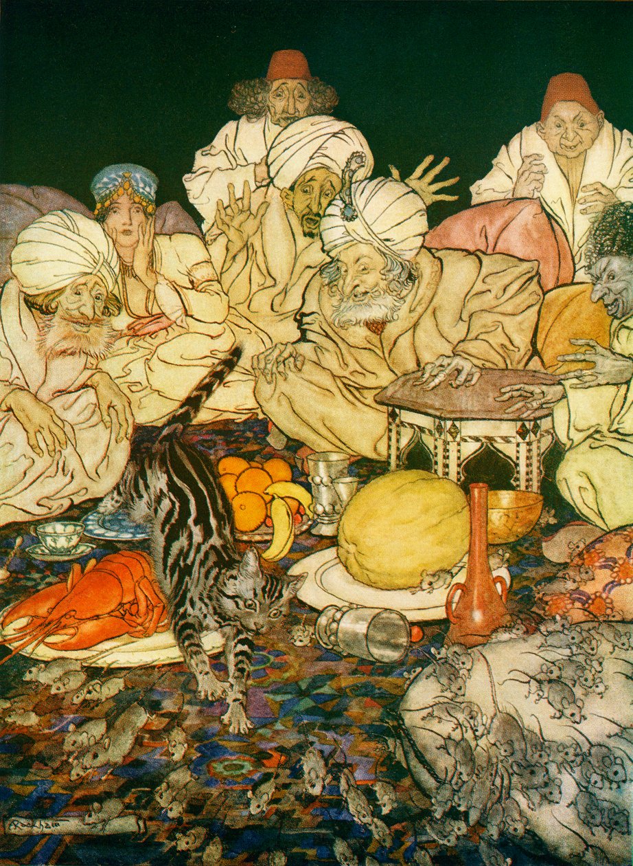 Kuvitus Dick Whittingtonille ja hänen kissalleen F.A. Steelin Englannin satuista, 1927 tekijältä Arthur Rackham